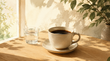 コーヒーカップとグラスのコップに入った水、自然光が差し込む木製のテーブルと観葉植物のある、温かみのあるカフェの風景。