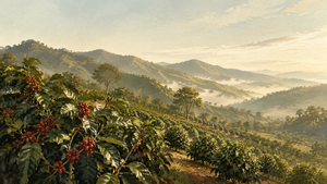 標高の高いコーヒー産地の山々とコーヒーの木々が広がる風景を描いた風景画、標高とコーヒーの味の関係を示すイラスト